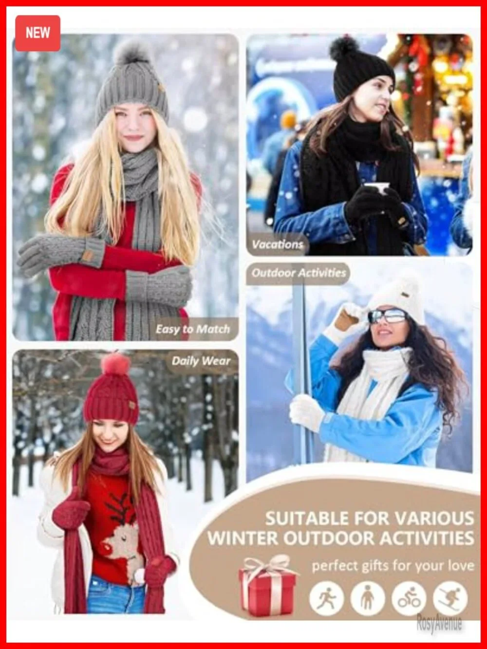 Fleece Lined Winter Beanie Hat Scarf Gloves Set with Pom Pom Touchscreen